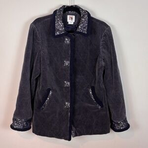 Women's Blue Corduroy Jacket Floral Contrasting Hem & Cuff size Small Boho Indie
